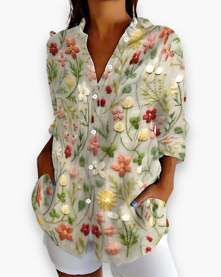 Rosalie | Women's Floral Print Button-Down Blouse with 3/4 Sleeves