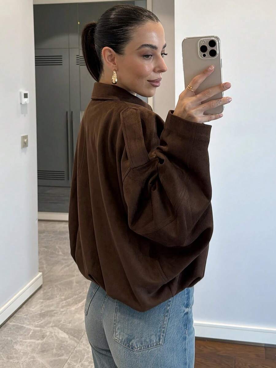Women’s Premium Faux Suede Bomber – Green Loose Fit Jacket