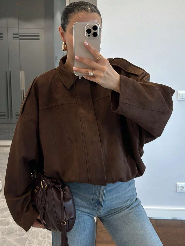 Women’s Premium Faux Suede Bomber – Green Loose Fit Jacket