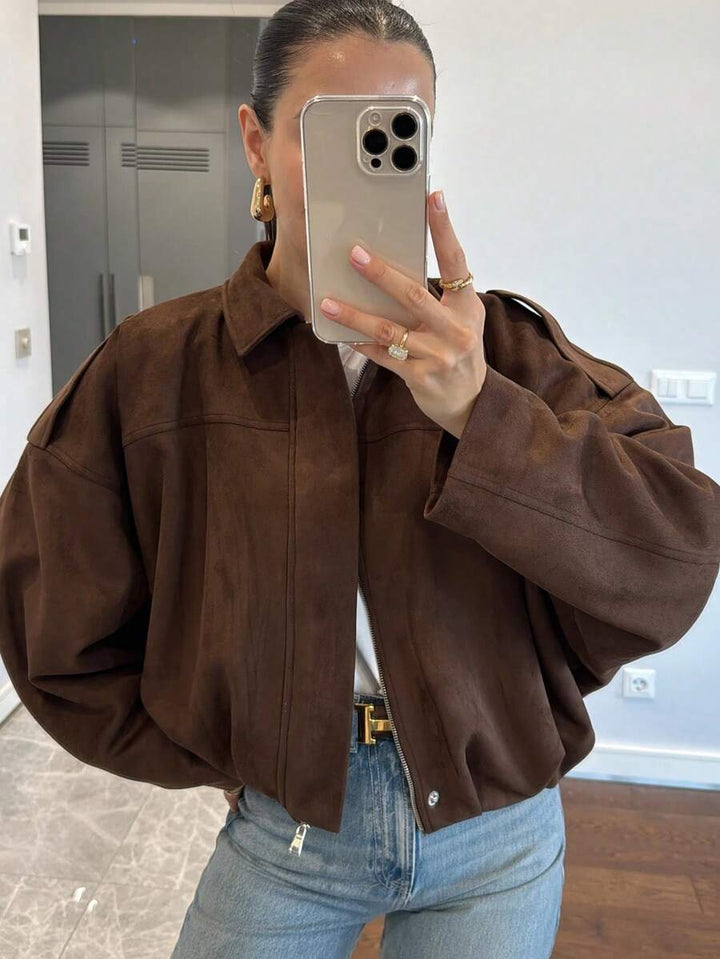 Women’s Premium Faux Suede Bomber – Green Loose Fit Jacket