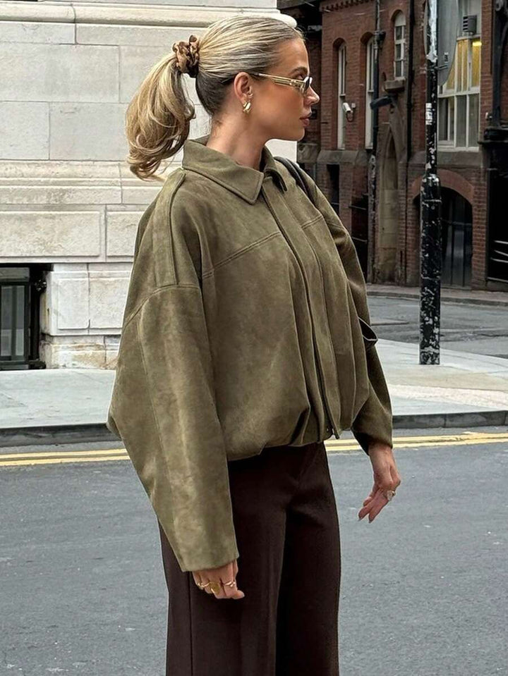 Women’s Premium Faux Suede Bomber – Green Loose Fit Jacket