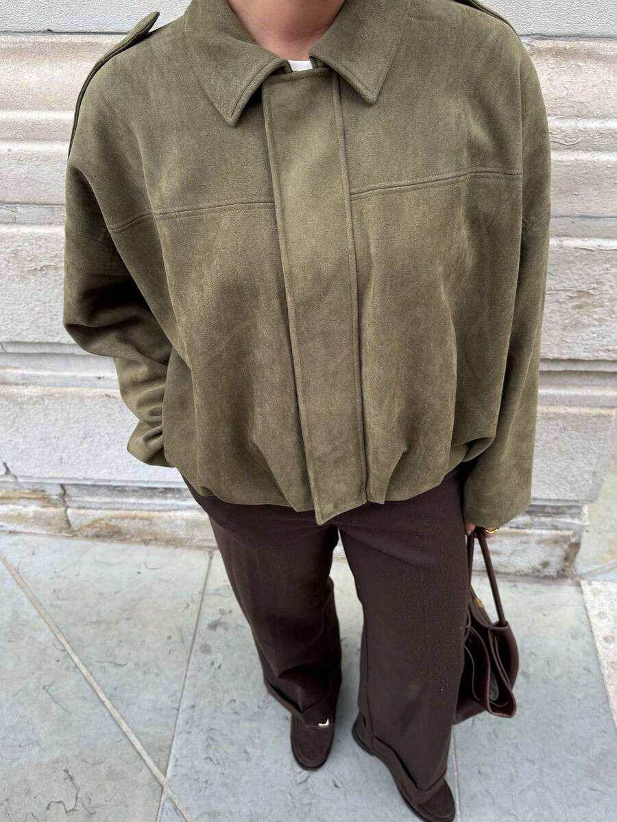 Women’s Premium Faux Suede Bomber – Green Loose Fit Jacket