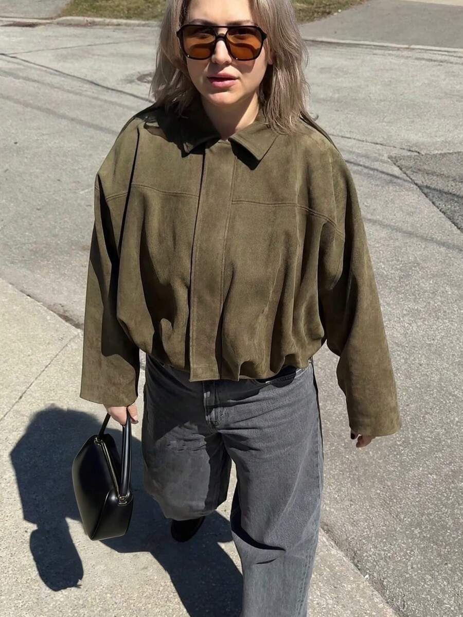 Women’s Premium Faux Suede Bomber – Green Loose Fit Jacket