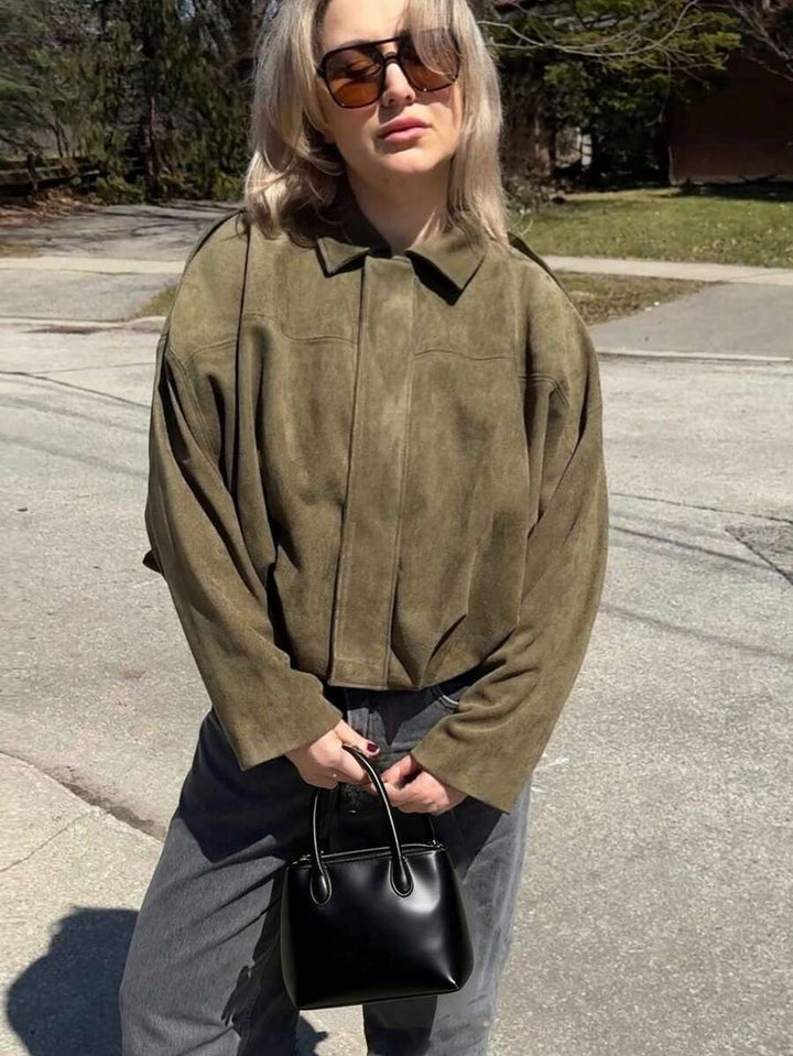 Women’s Premium Faux Suede Bomber – Green Loose Fit Jacket