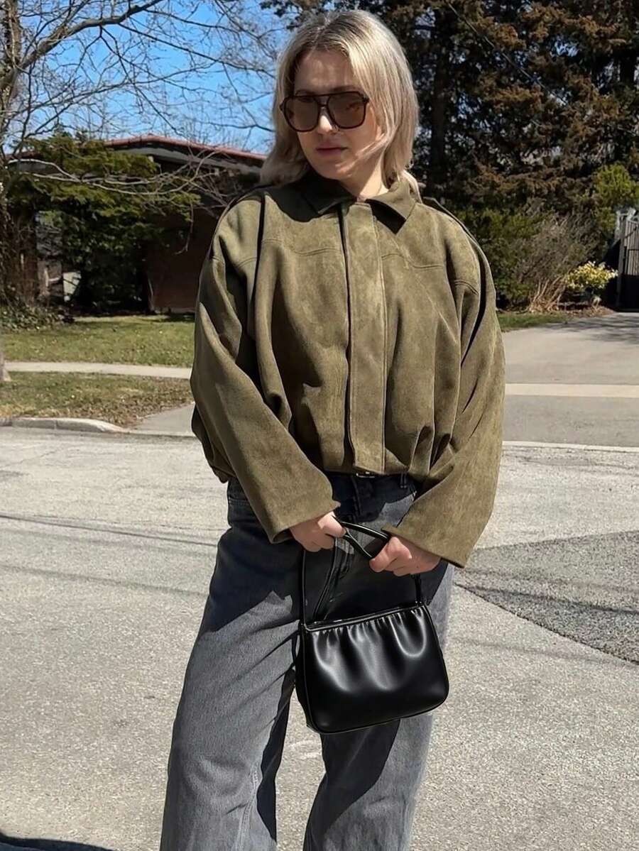 Women’s Premium Faux Suede Bomber – Green Loose Fit Jacket