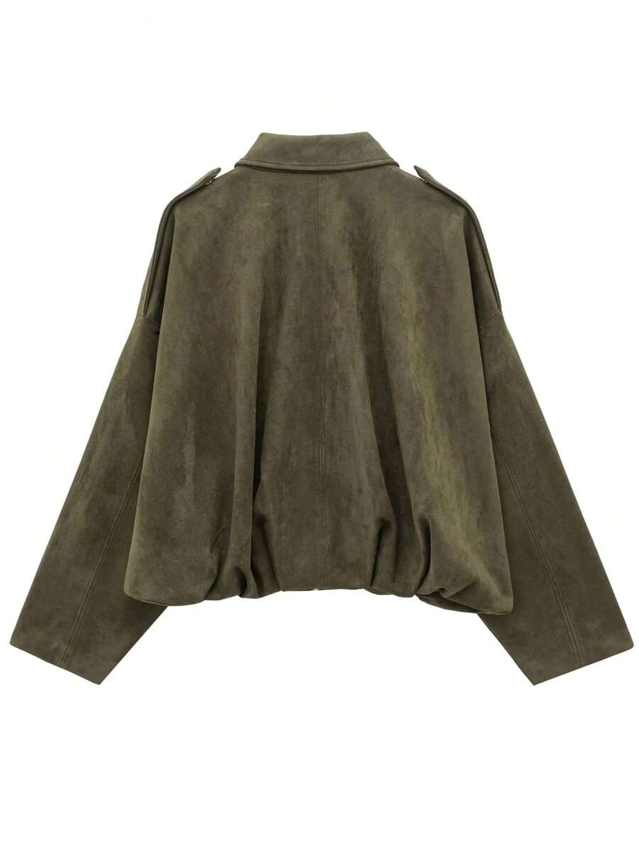 Women’s Premium Faux Suede Bomber – Green Loose Fit Jacket