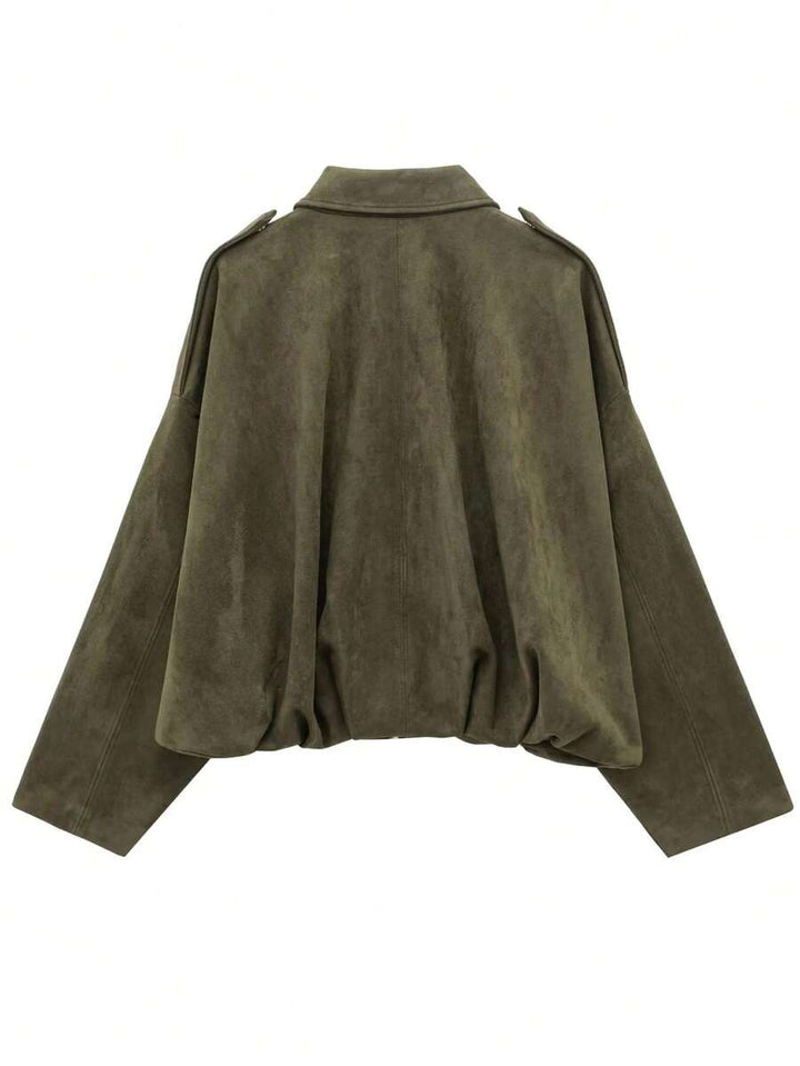 Women’s Premium Faux Suede Bomber – Green Loose Fit Jacket