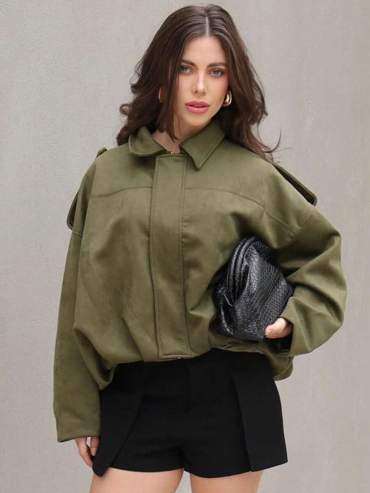 Women’s Premium Faux Suede Bomber – Green Loose Fit Jacket