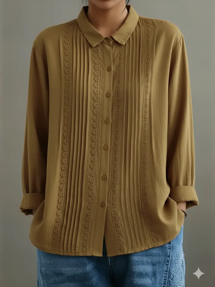Claire | Women's Lace Trim Button-Up Long Sleeve Blouse