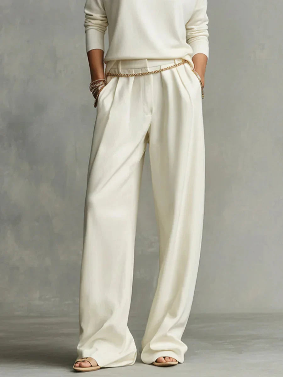 Soft High Neck Top and Flowing Wide Leg Pants Set (with Included Chain Belt)