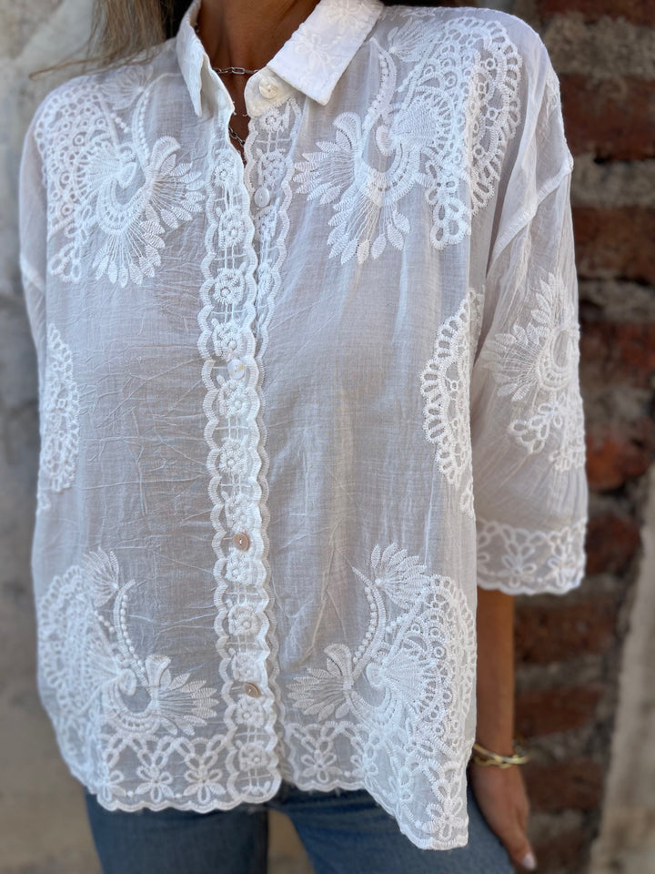 Celeste | Women's Lace Embroidered Blouse Button Down 3/4 Sleeve