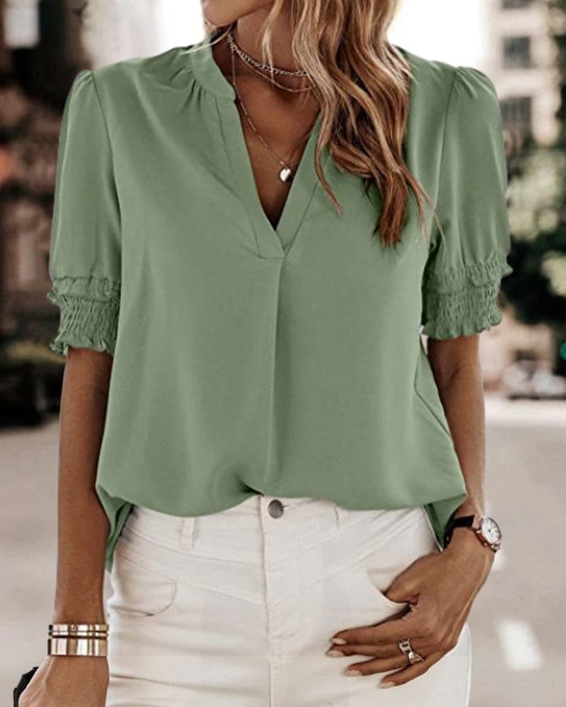Maya | Women's V-Neck Puff Sleeve Blouse Short Sleeve Top