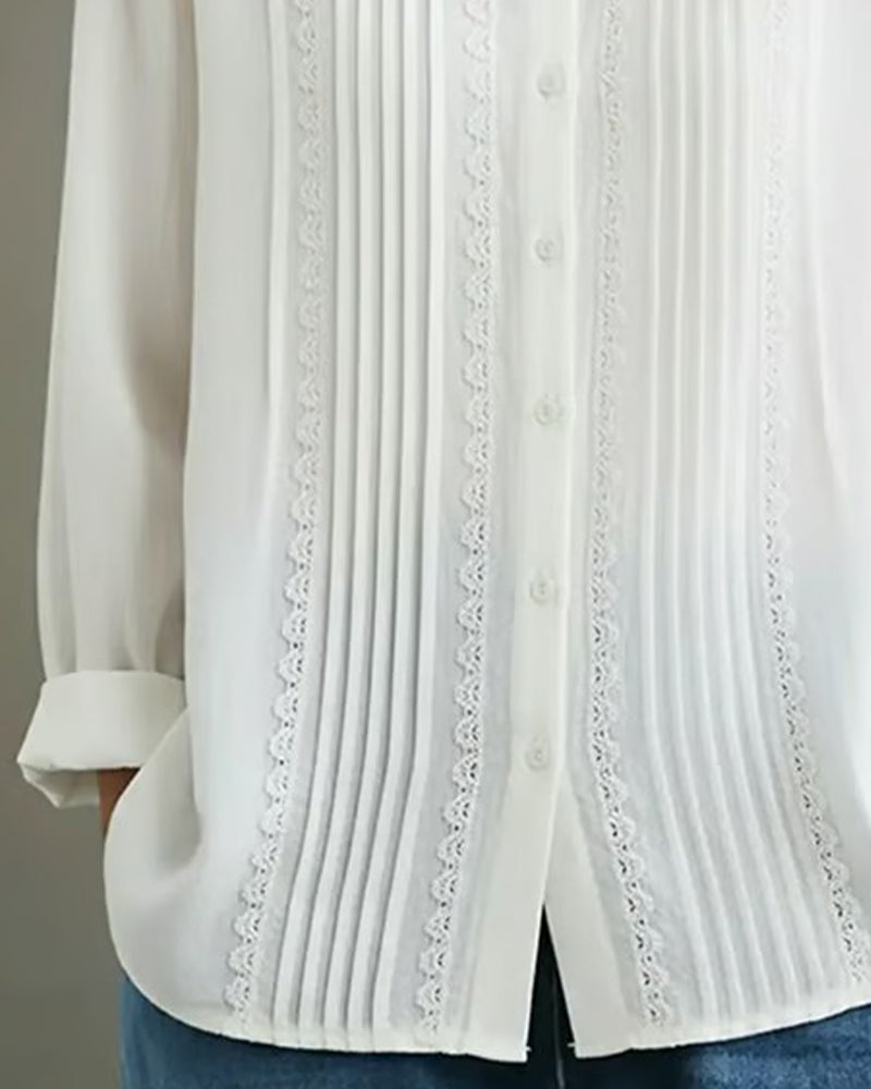 Claire | Women's Lace Trim Button-Up Long Sleeve Blouse