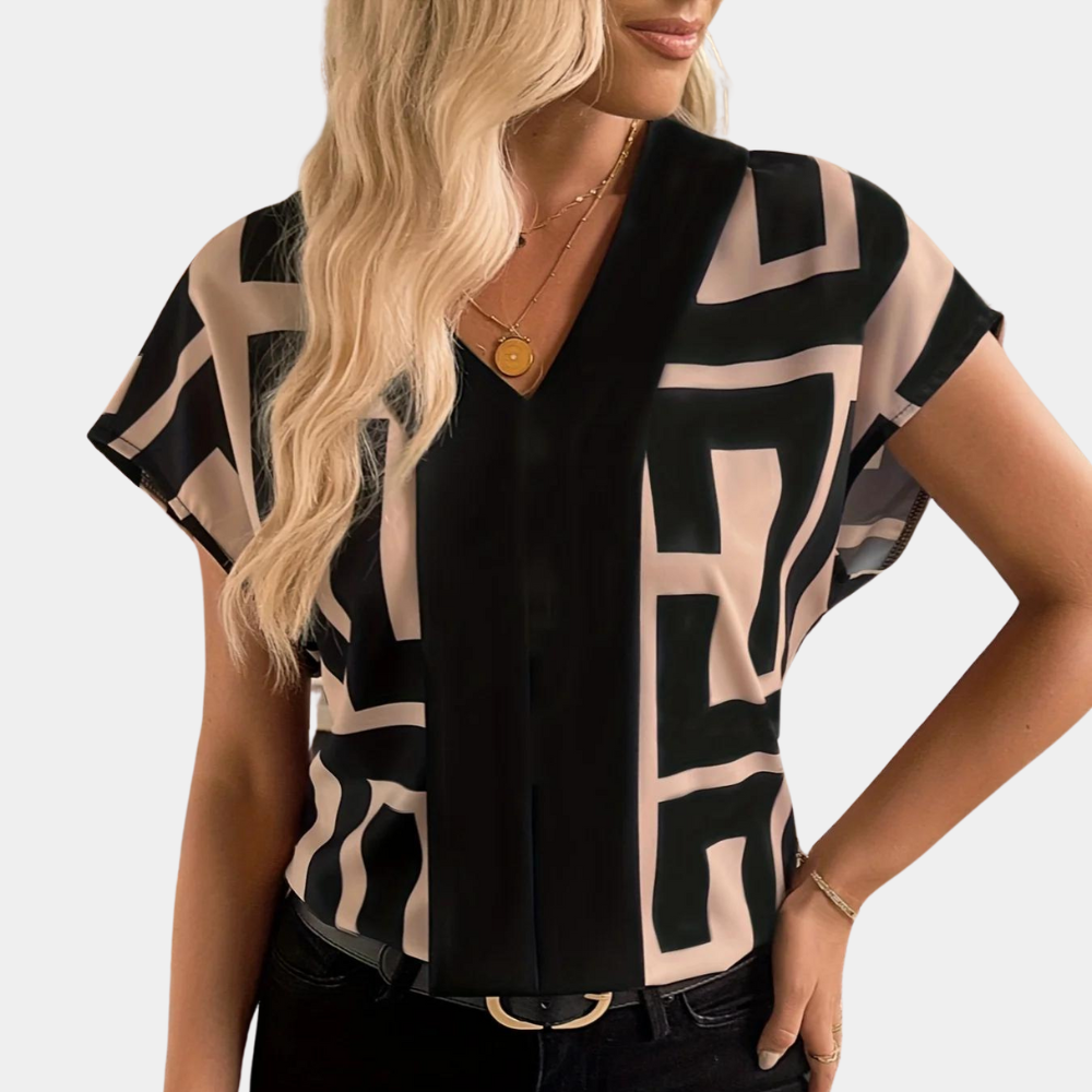 Vivian | Women's Geometric Print V-Neck Short Sleeve Blouse