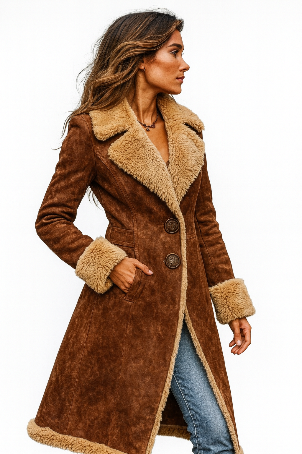 Retro-Style Long Coat with Faux Fur Detailing