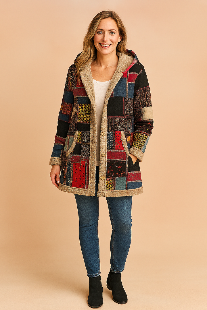 Milena | Long fleece jacket with a hood and a patchwork pattern