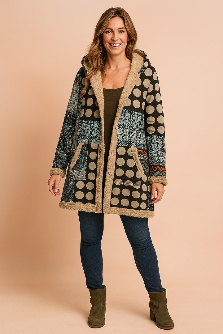 Milena | Long fleece jacket with a hood and a patchwork pattern