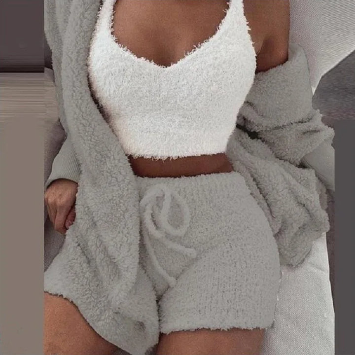 Nova | Women's Fluffy Pyjama Set – 3-Piece Sleepwear Hoodie Tank Top and Shorts