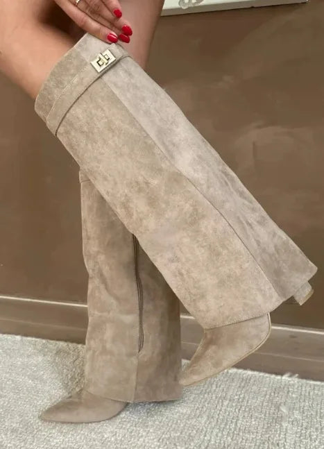 Zaria | Women's Knee-High Boots – Pointed Toe Buckle Boots Chunky Heel