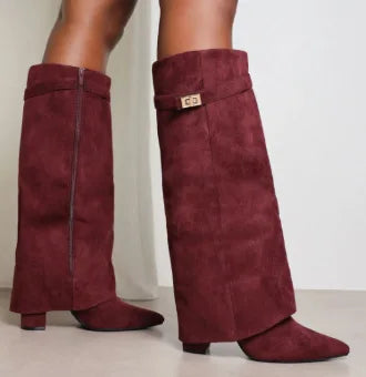 Zaria | Women's Knee-High Boots – Pointed Toe Buckle Boots Chunky Heel
