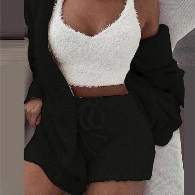 Nova | Women's Fluffy Pyjama Set – 3-Piece Sleepwear Hoodie Tank Top and Shorts