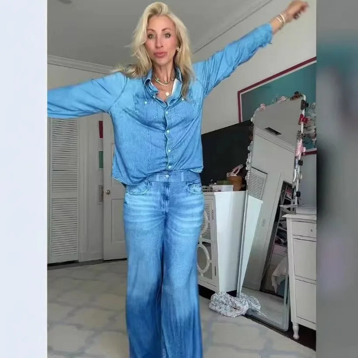 Zaria | Women's Denim Pyjama Set – Slim Fit Long Sleeve Button-Up Shirt and Pants