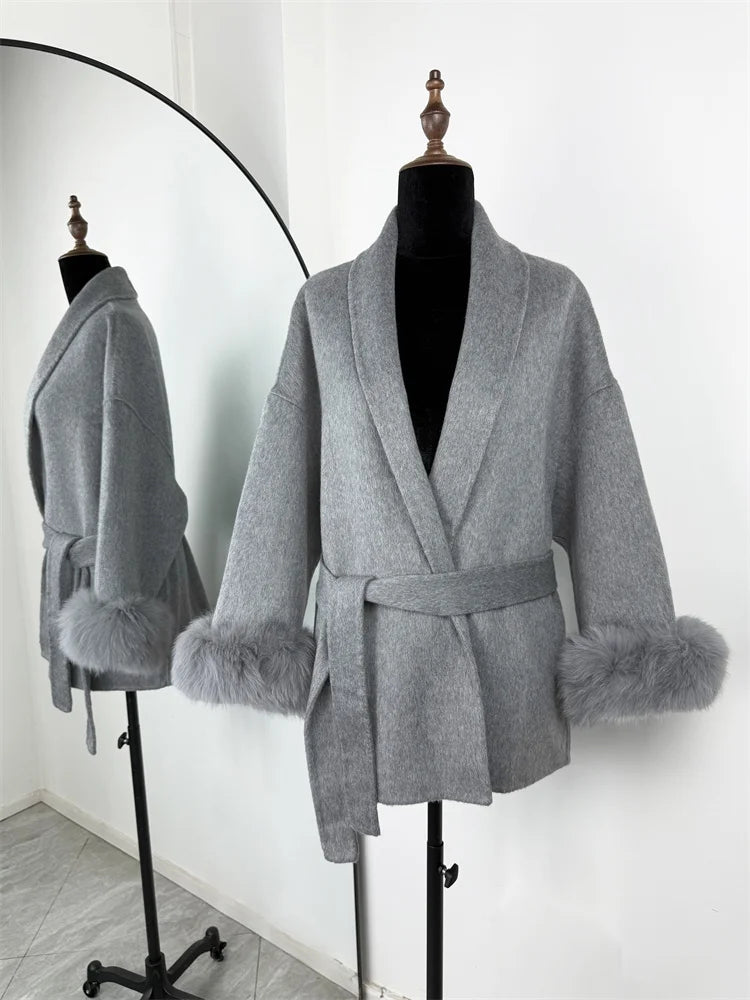 Women’s Fox Fur Wool Overcoat | Elegant Short Coat for Office & Winter
