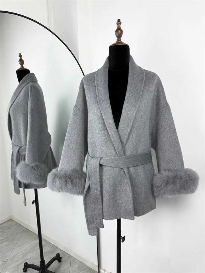 Tossy | Women's Fur Coat – Wool Blend Coat Faux Fur Trim Elegant Short Coat