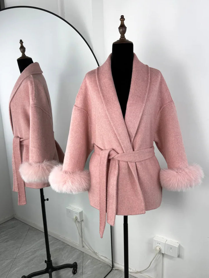 Women’s Fox Fur Wool Overcoat | Elegant Short Coat for Office & Winter