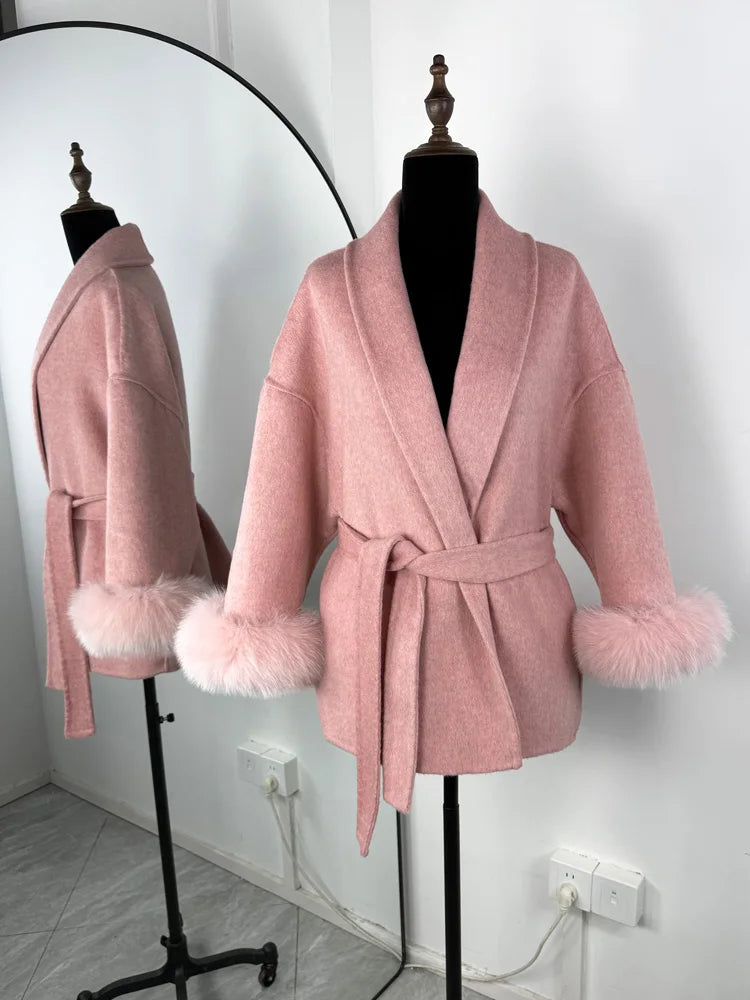 Tossy | Women's Fur Coat – Wool Blend Coat Faux Fur Trim Elegant Short Coat