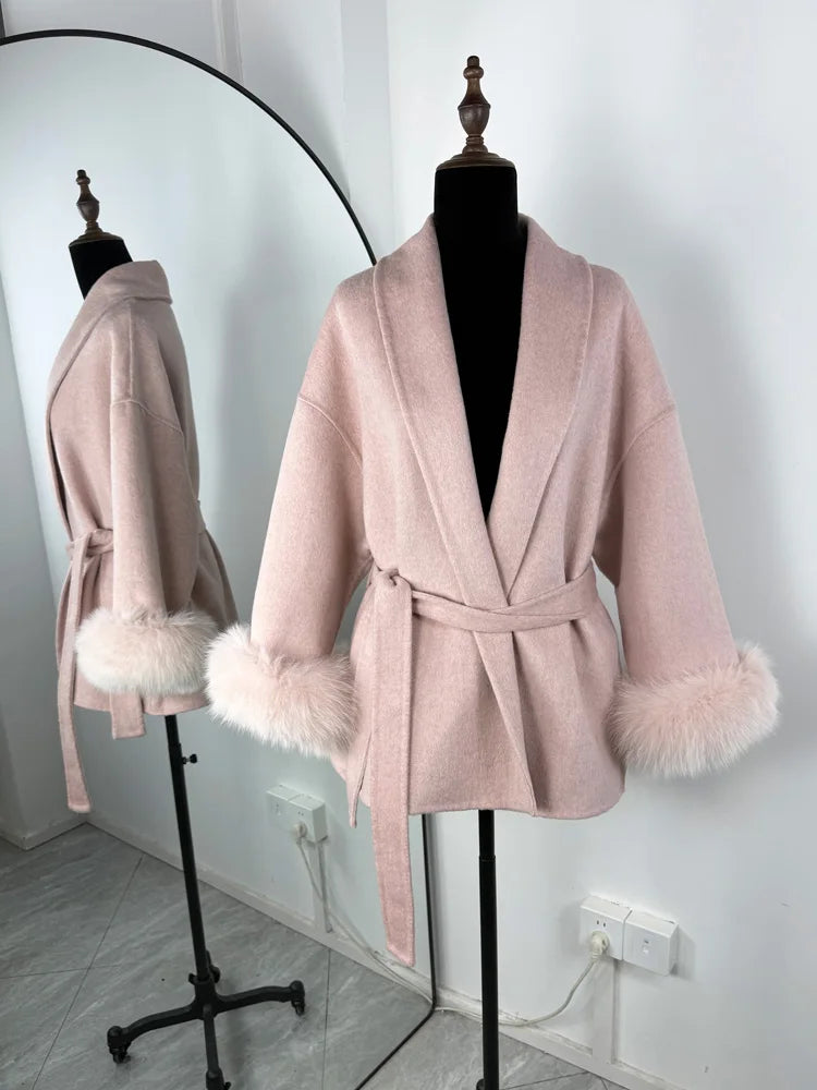 Women’s Fox Fur Wool Overcoat | Elegant Short Coat for Office & Winter