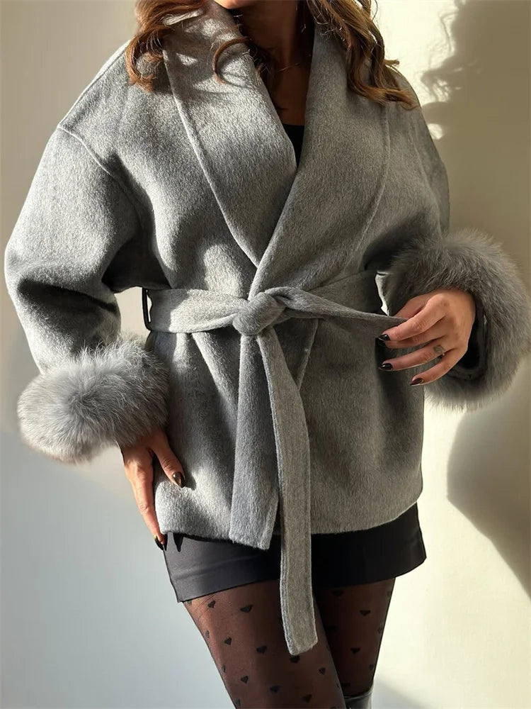 Women’s Fox Fur Wool Overcoat | Elegant Short Coat for Office & Winter