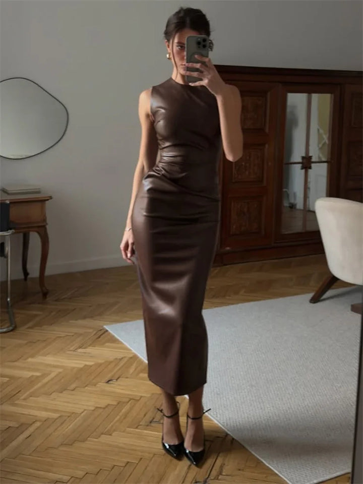 Sexy PU Maxi Dress – High Waist Bodycon Streetwear