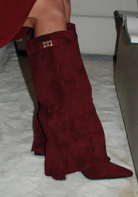 Zaria | Women's Knee-High Boots – Pointed Toe Buckle Boots Chunky Heel