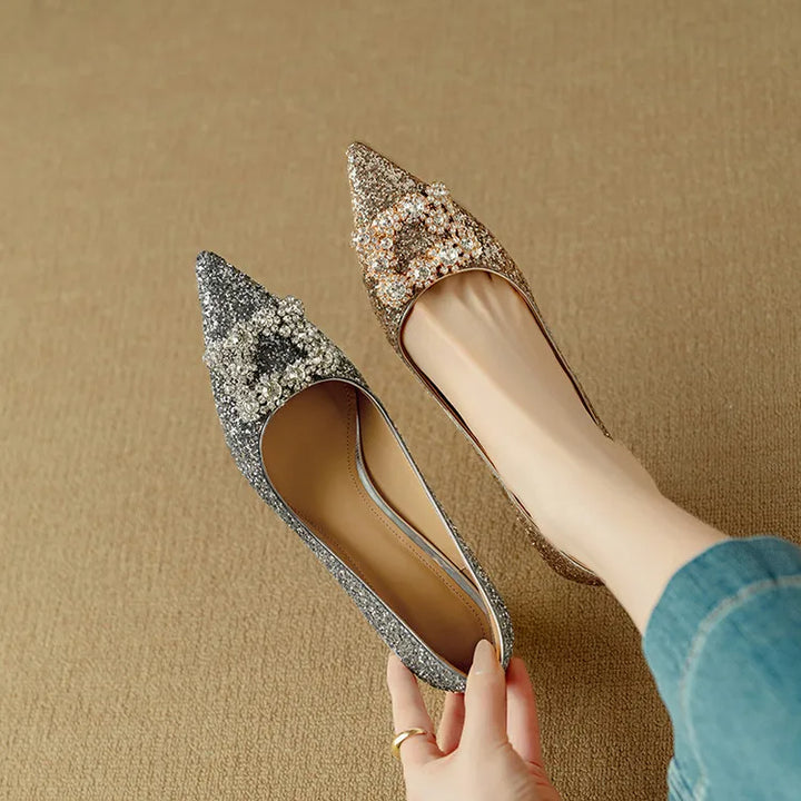Stella | Women's Glitter Block Heel Pumps Pointed Toe Crystal Buckle