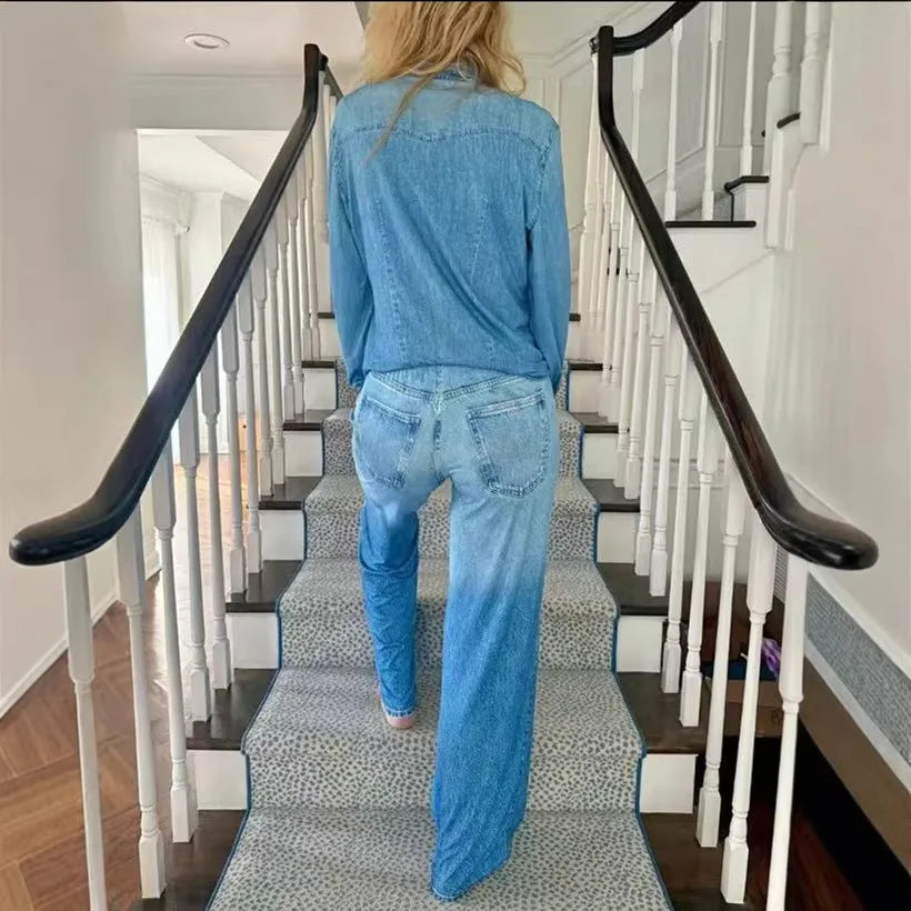 Zaria | Women's Denim Pyjama Set – Slim Fit Long Sleeve Button-Up Shirt and Pants