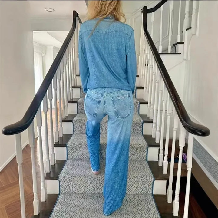 Zaria | Women's Denim Pyjama Set – Slim Fit Long Sleeve Button-Up Shirt and Pants