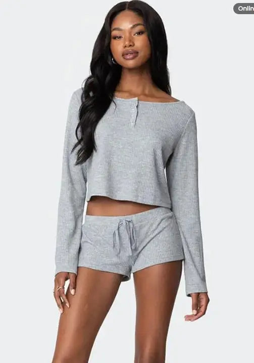 Kaia | Women's Pyjama Set – 2-Piece Lounge Set Long Sleeve Crop Top and Shorts
