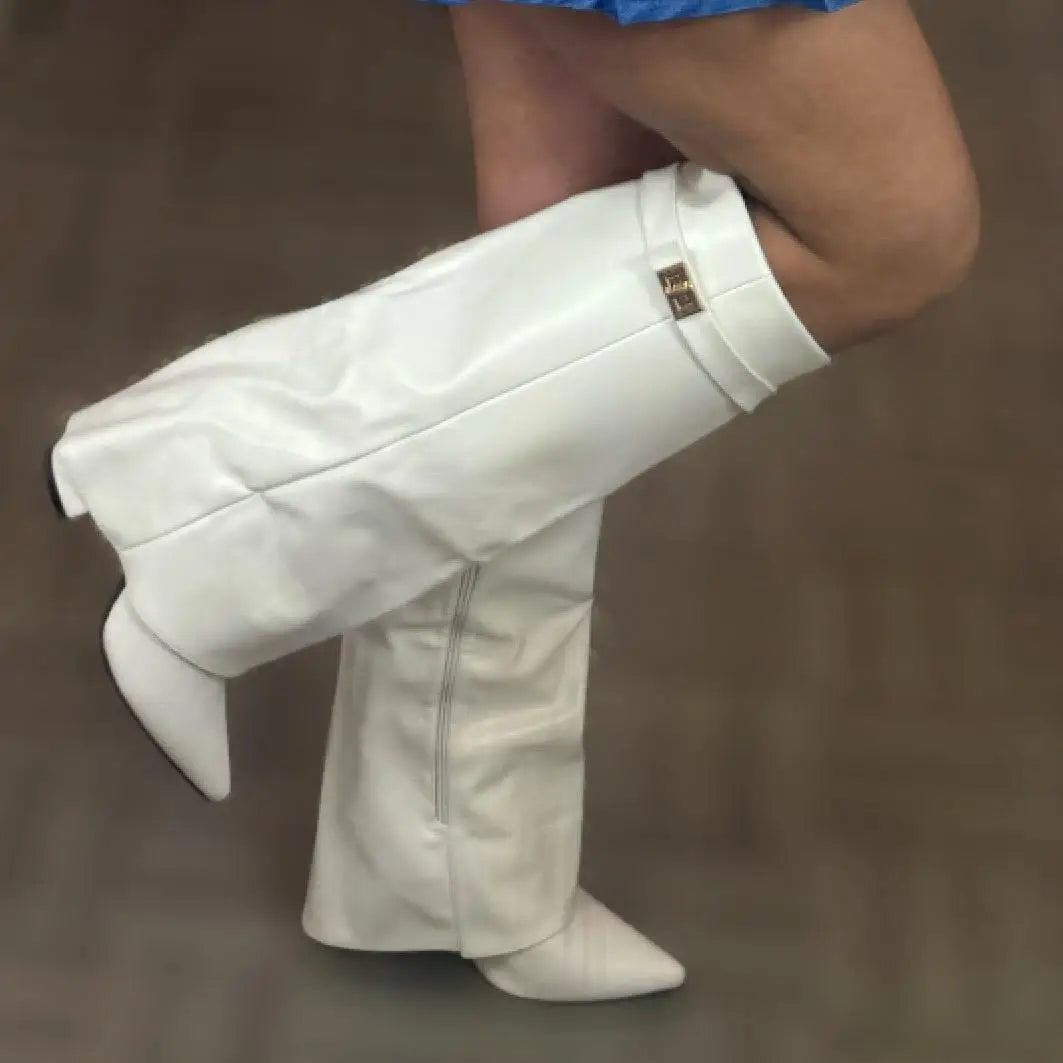 Zaria | Women's Knee-High Boots – Pointed Toe Buckle Boots Chunky Heel