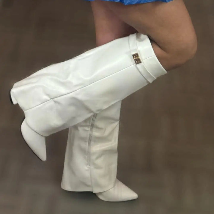 Zaria | Women's Knee-High Boots – Pointed Toe Buckle Boots Chunky Heel