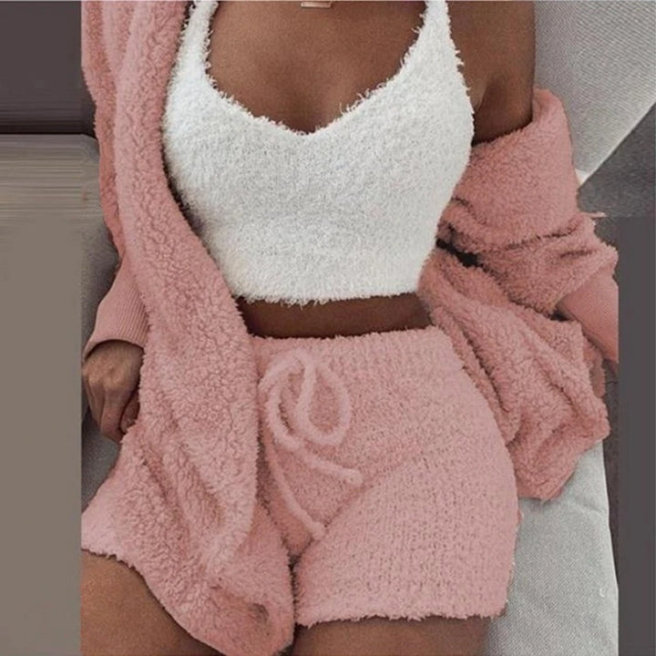 Nova | Women's Fluffy Pyjama Set – 3-Piece Sleepwear Hoodie Tank Top and Shorts