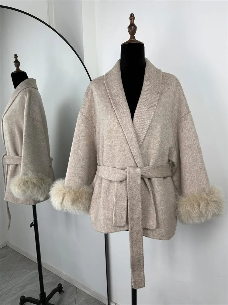 Tossy | Women's Fur Coat – Wool Blend Coat Faux Fur Trim Elegant Short Coat