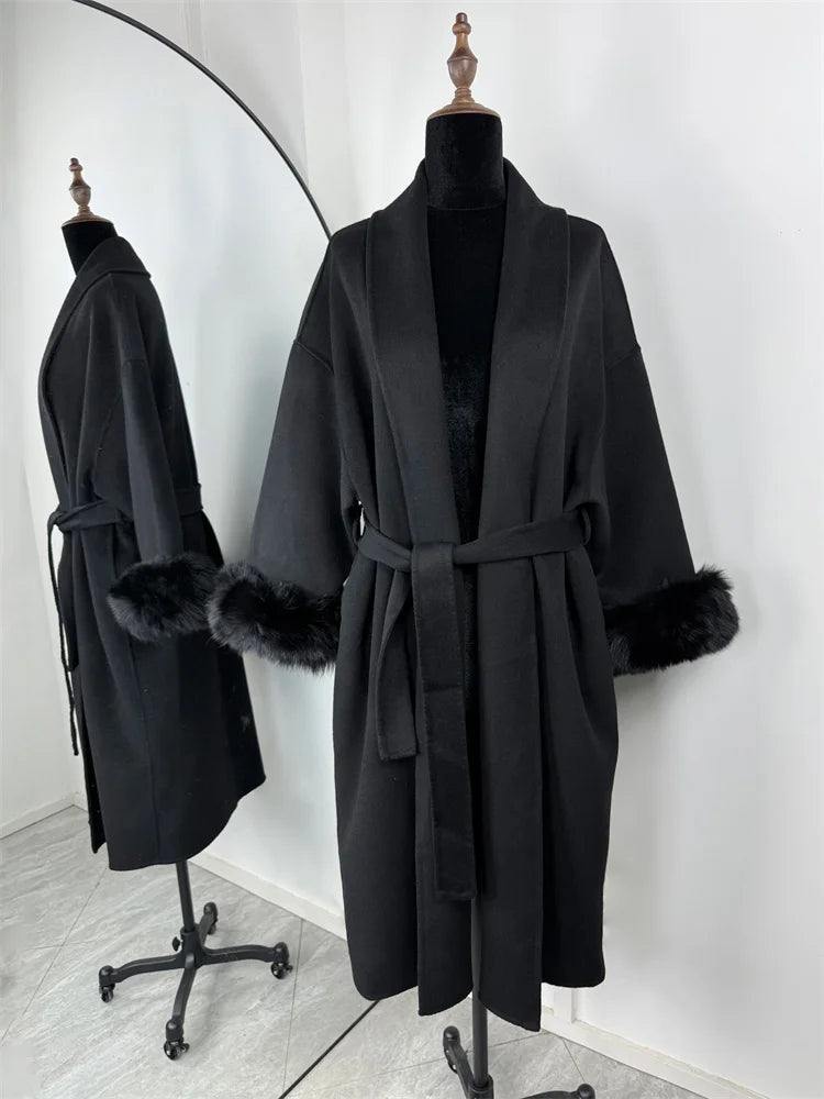 Women’s Fox Fur Wool Overcoat | Elegant Short Coat for Office & Winter