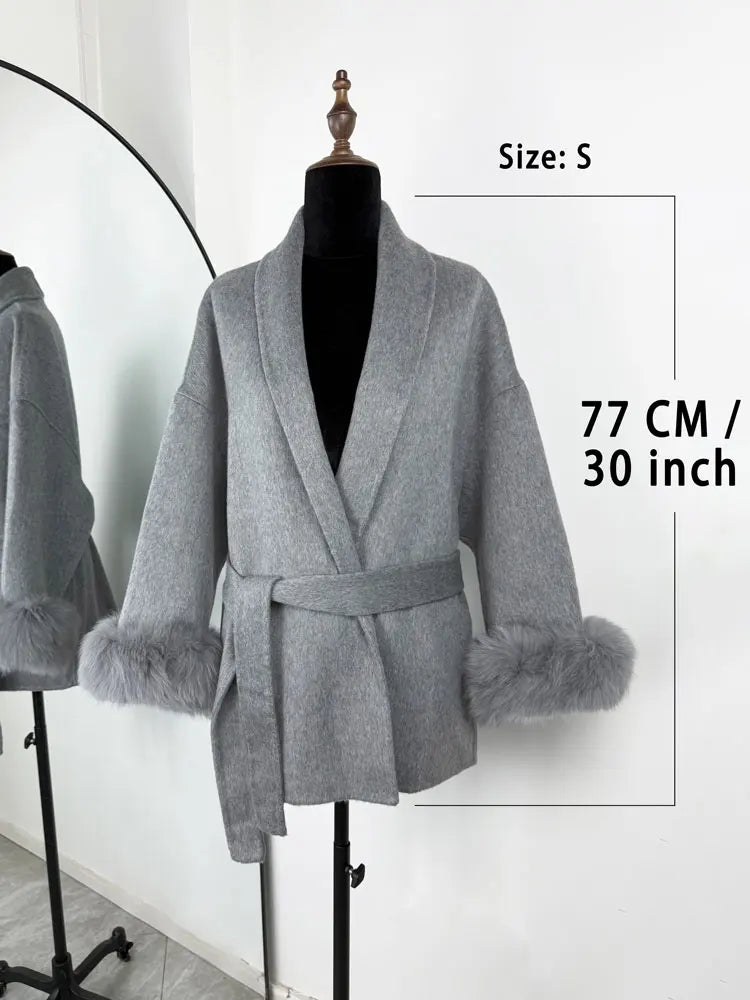 Women’s Fox Fur Wool Overcoat | Elegant Short Coat for Office & Winter