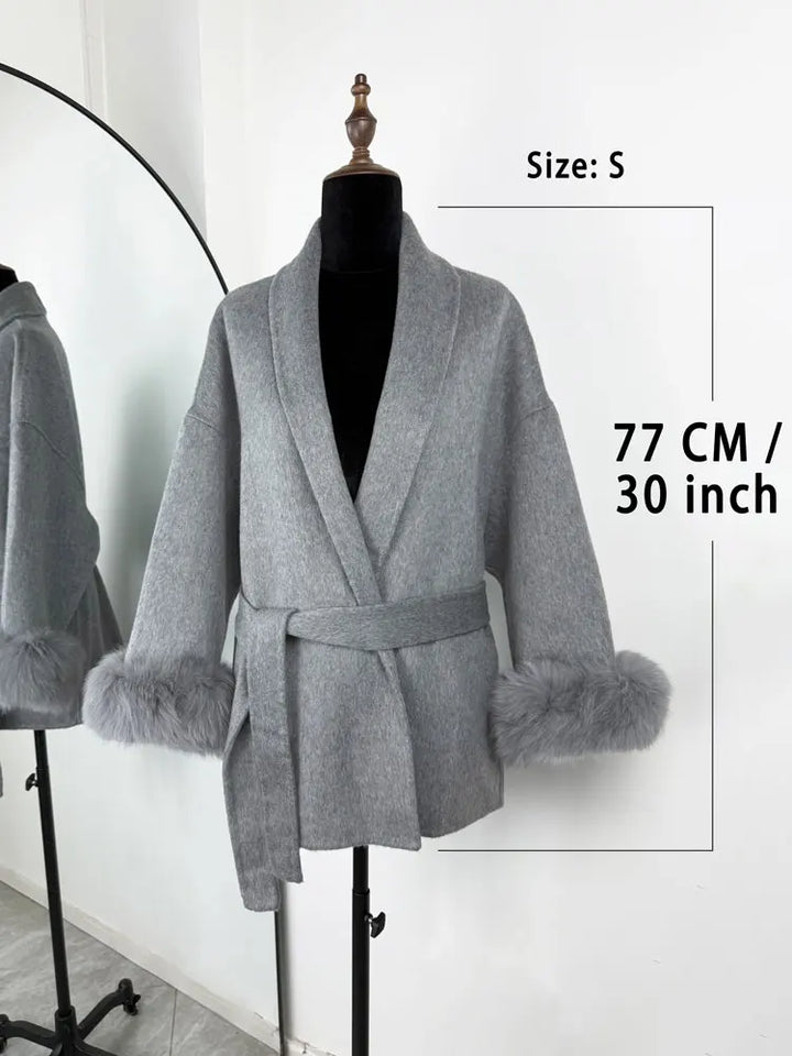 Women’s Fox Fur Wool Overcoat | Elegant Short Coat for Office & Winter