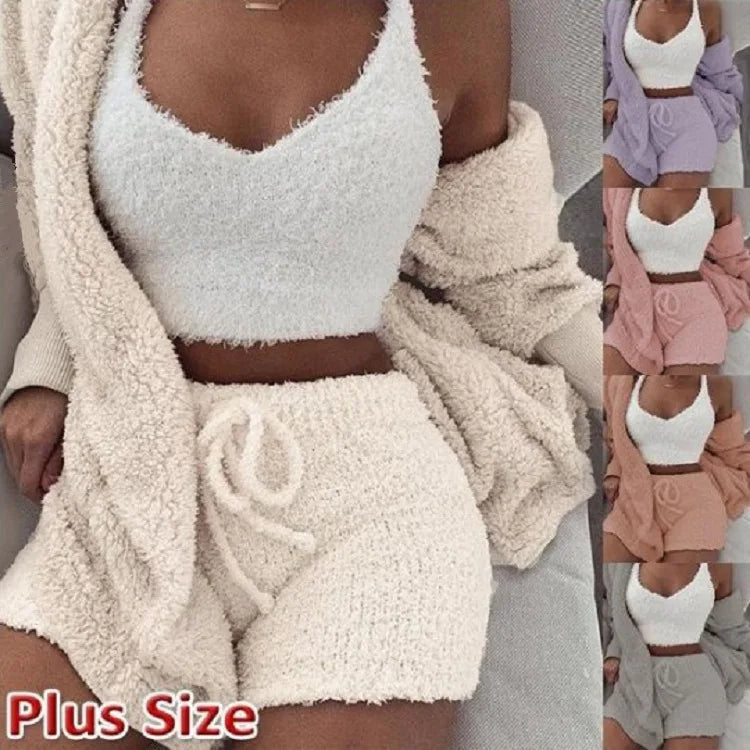 Nova | Women's Fluffy Pyjama Set – 3-Piece Sleepwear Hoodie Tank Top and Shorts