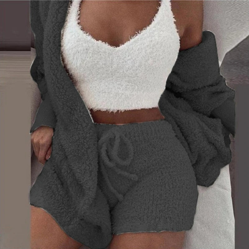 Nova | Women's Fluffy Pyjama Set – 3-Piece Sleepwear Hoodie Tank Top and Shorts