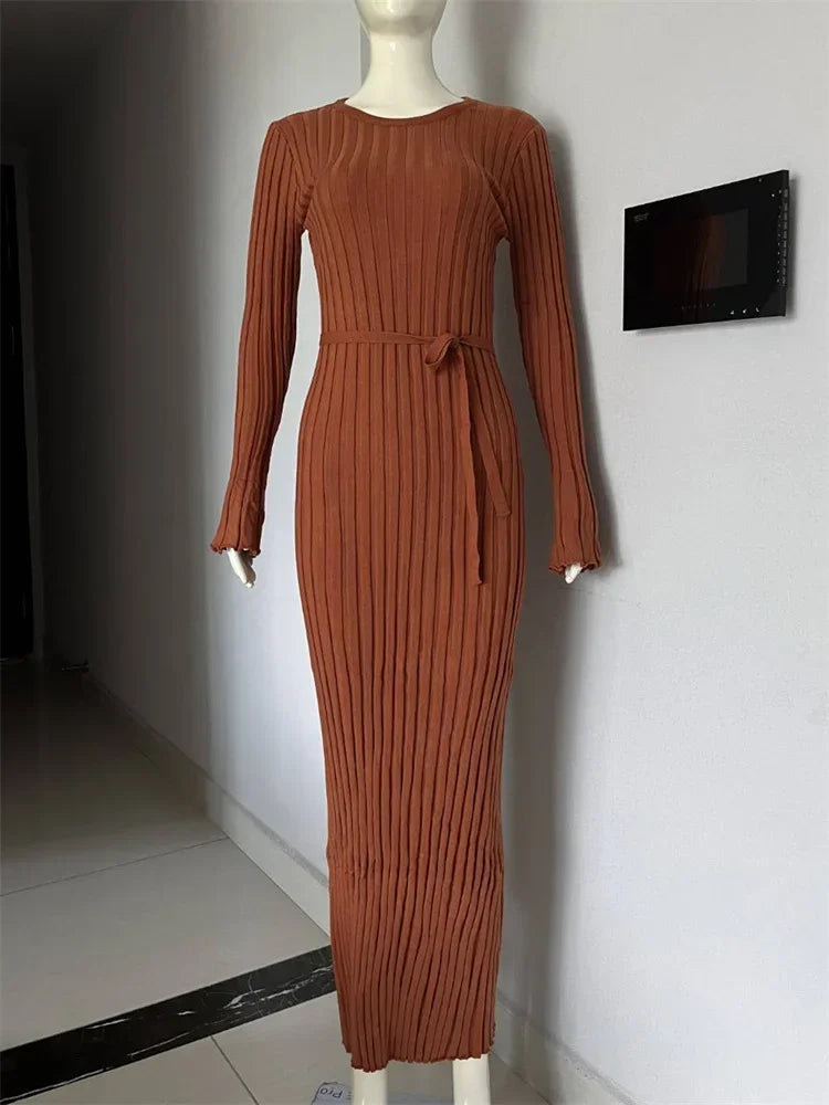 Knit Maxi Dress – Long Sleeve High Waist Elegant Style