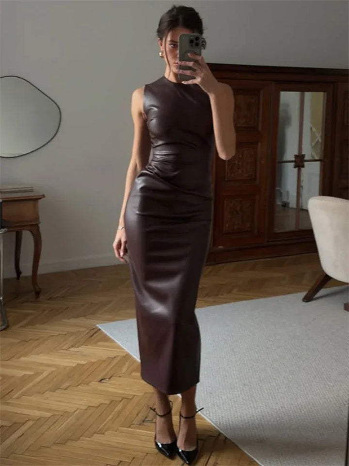 Sexy PU Maxi Dress – High Waist Bodycon Streetwear