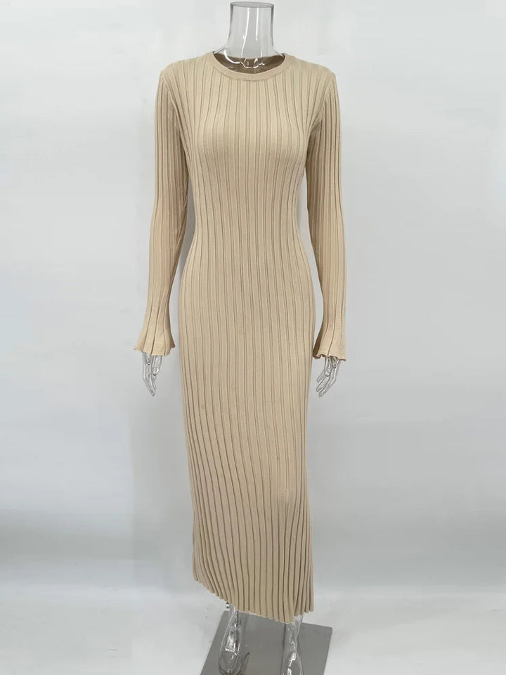 Knit Maxi Dress – Long Sleeve High Waist Elegant Style